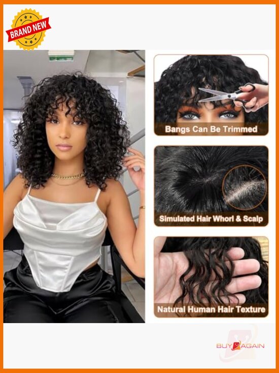Short Human Hair Wig with Bangs Brazilian Non Lace 150 Density Curly Bob main image 6